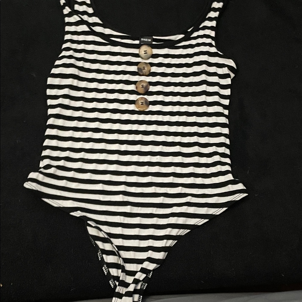 SHEIN Monochrome Striped Bodysuit with Button Accents